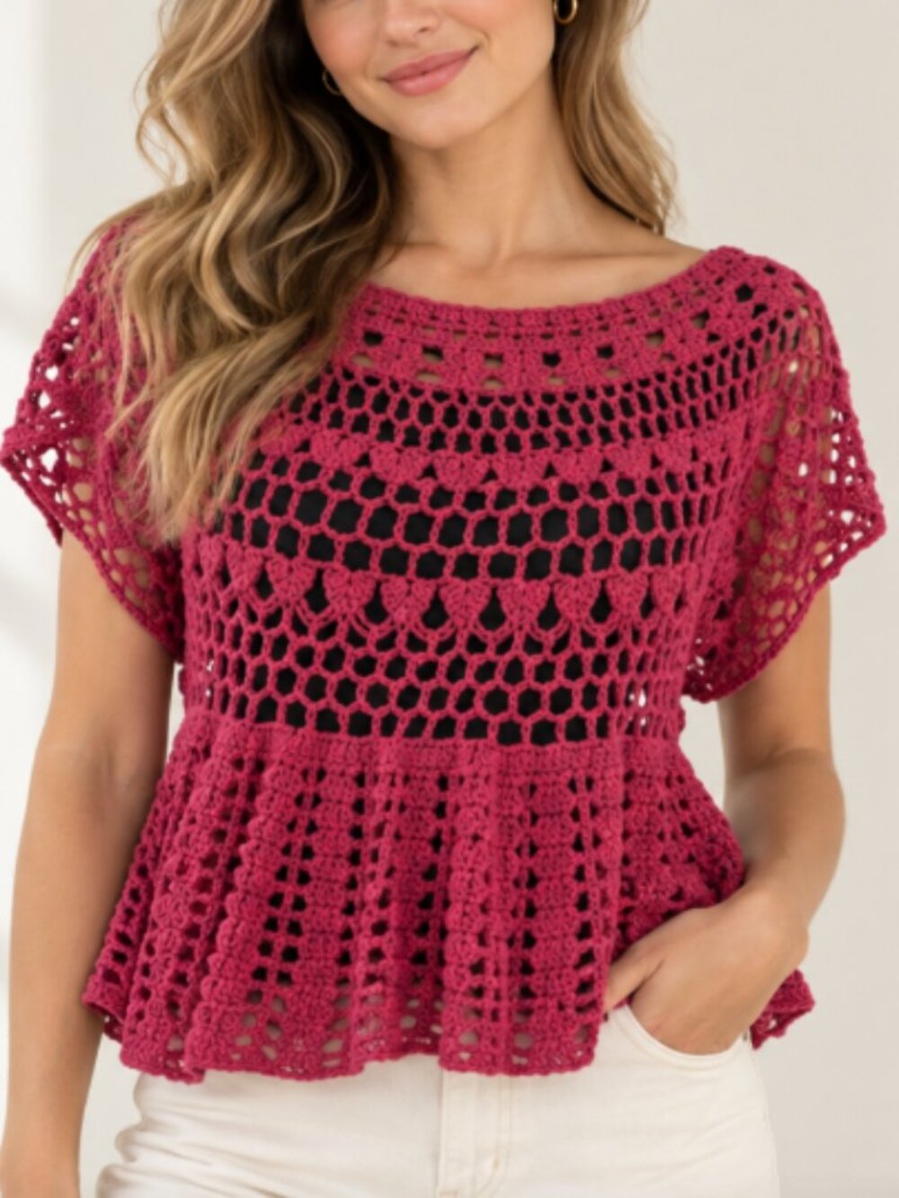 Ecote Urban Outfitters Magenta Crochet Peplum Top Tie-Back Boho Beach M